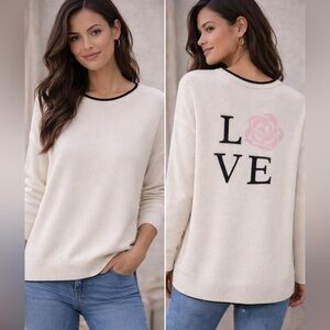Minnie Rose 100% Cashmere LOVE Rose Graphic Sweater Size L NWT